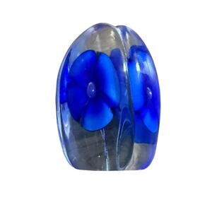 Vintage MURANO Art Glass Blue Flower‎ Tall Paperweight 4” clear